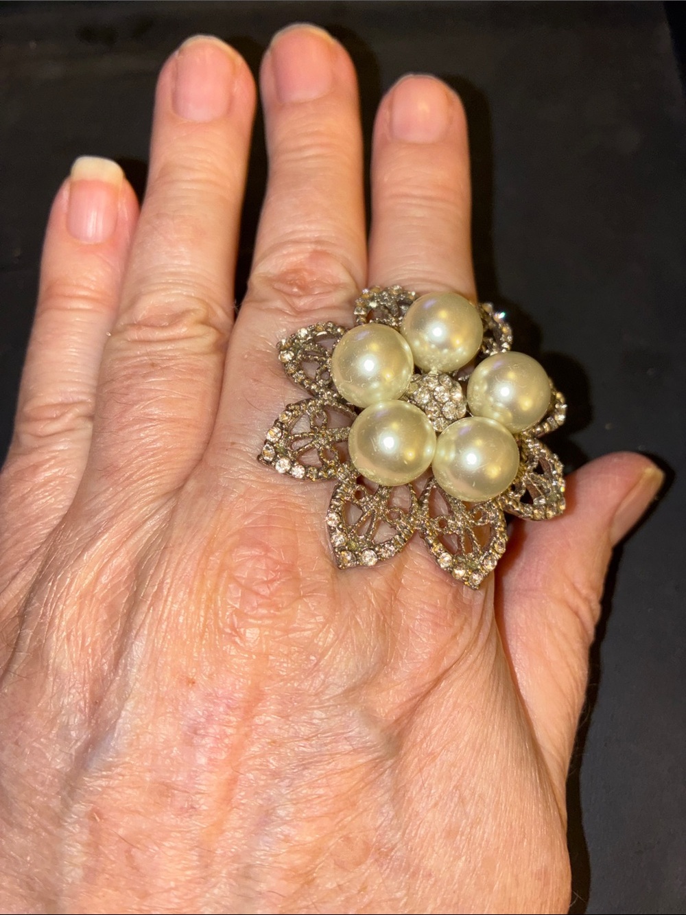 Elegant Pearl & Crystal Flower Cocktail Ring - Ivory